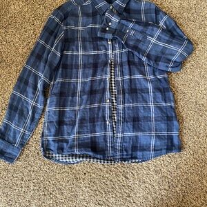 Blue and white plaid button-up shirt